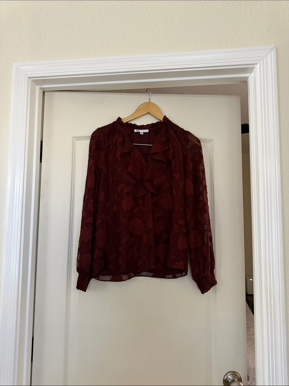 DR2 Burgundy Ruffle Tie-Neck Blouse